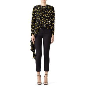 DELFI Collective Fallon Silk Long Sleeve Draped Hem Blouse Top Black Yellow XS